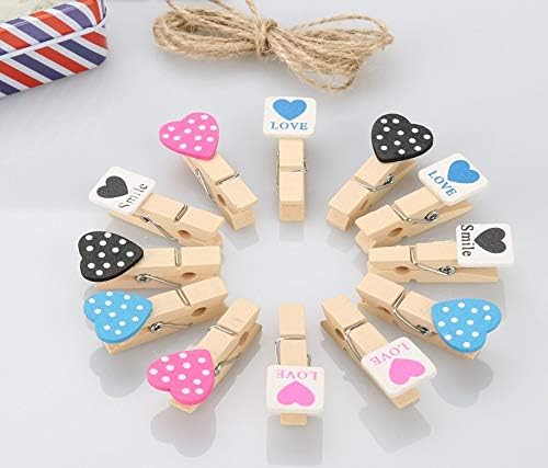 Tickright Cute Mini Wooden Photo Clips with Rope (Pack of 12 Pcs) (Cute Hearts)