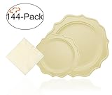 Tiger Chef 144-Pack Cream Color Scalloped Rim Disposable Party Supplies Set for 48 Guests, includes 48 10-Inch Dinner Plates, 48 8-Inch Hard Plastic Plates ,48 Beverage Napkins - BPA-Free