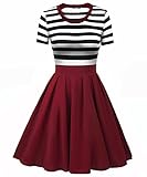 Vessos Women Crew Neck Short Sleeve Striped Slim Fit Mid Legth Swing Dress Black+Wine Red Medium