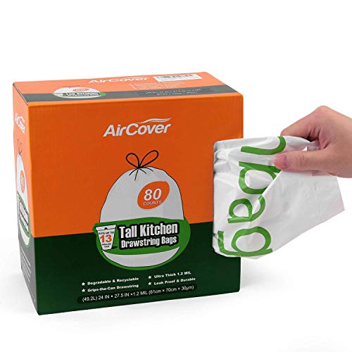 Aircover 13 Gallon Biodegradable Trash Bags, 80 Count Extra Thick 1.2 MIL Recyclable Tall