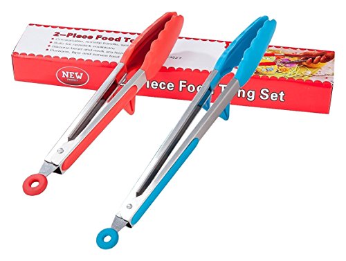 MISUNDER Kitchen Tongs (Set Of 2-9&12 Inch),Stainless Steel Food Folder With Skid-Proof Silicone Tips For Barbecue, Frying, Grilling, Salad, Cooking(Red & Blue)