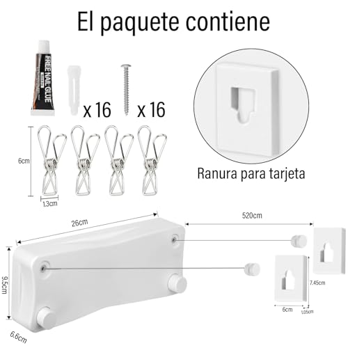 KIROGILY Tendedero Retractil Pared con 4 Pinzas para Ropa, Tendedero para Ropa Exterior Interiores, Tendederos Retractiles Ajustable 5.2 M, Capacidad de 25 KG, Ahorra Espacio, Fácil Instalación