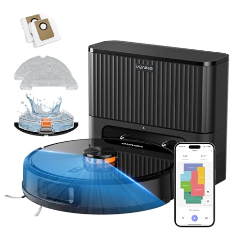 VONKO S6 Pro Robot Aspirateur Laveur avec Station de Vidage Automatique, 8000Pa, Navigation LiDAR 2.0, 180min Autonomie, Détection de Tapis, App & Alexa, Idéal Poils d’Animaux & Sols Dur,Noir