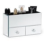 Beautify Small Mirrored Glass Jewelry Box & Cosmetic Makeup Organizer with 2 Drawers, 5 Sections and Glass Cleaning Cloth