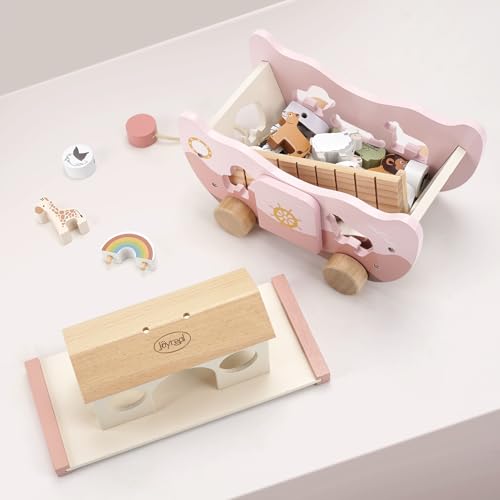 Joyreal Noahs Ark Wooden Toy - Christening Gifts for Girls Boys, Baptism Gifts, Montessori Toys for 1 2 3 Year old, Stacking Baby Toys, Farm Animals Shape Sorter Toddler Toy