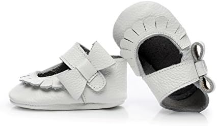 R&amp;V 0-24M Infant Girls Moccasins 100% Real Leather Soft Sole Bowknot Toddler Girl Shoes Princess Firstwalkers (Inner Length: 13cm(12-18M), White)