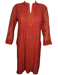 Women Long Dress Tunic Floral Hand Embroidered Red Georgette Caftan S/M