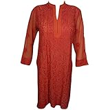Mogul Interior Womens Kaftan Tunic Dress Embroidered Red Sheer Georgette Caftan Coverup S/M