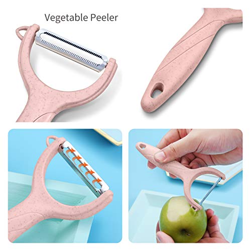 Vegetable Peeler Set of 3,Stainless Steel Blades with Wheat Straw Non-Slip Handles,Multifunction Kitchen Tool Set, Includes Fruit Knife,Peeler, Kitchen Shears,Pink