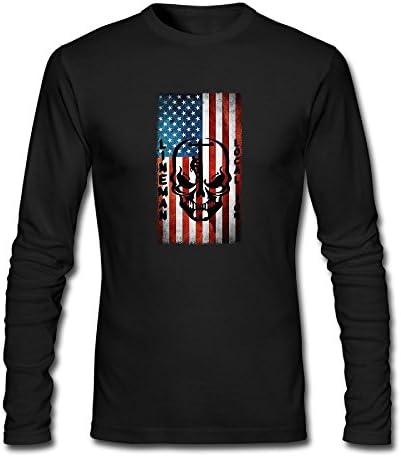 Men's American Flag Lineman Skull Long Sleeve Athletic Cotton Crew Neck T-Shirt