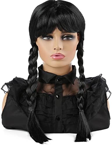 WanBigVa Long Black Braided Wig with Bang for Kids Girls Gothic