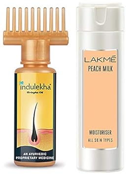 Indulekha Bhringa Hair Oil, 100ml & Lakme Peach Milk Moisturizer Body Lotion 200 ml