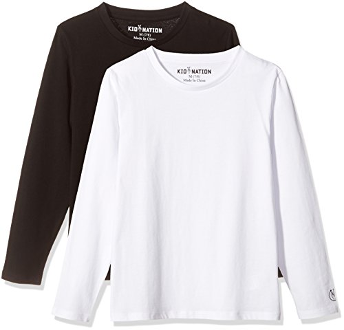 KID NATION KIDS UNISEX 2 PACKS 100% COTTON TAGLESS LONG SLEEVE CREWNECK T SHIRT TOP S BLACK + WHITE