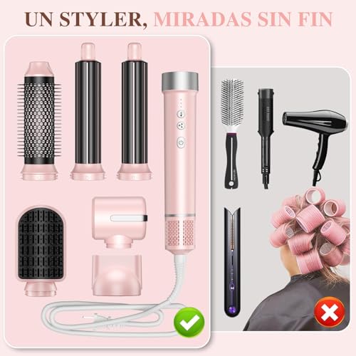 Secadora de Cabello 6 En 1 Profesional, 150,000 RPM Cepillo Secador de Cabello, Temperatura Ajustable Y Velocidades, Estilizador de Cabello con 6 Accesorios para Secado, Rizado, Alisado Y Voluminizar