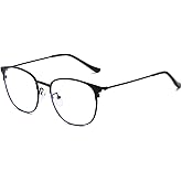 QECEPEI Retro Semi-rimless Round Blue Light Blocking Glasses Horn Rimmed Nerd Clear Lens Computer Gaming Eyeglasses