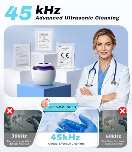 Ultrasonic Retainer Cleaner Machine, 45kHz Deep Gentle Dental Cleaning Pod with 304 Stainless Steel Tank, 4 Cleaning Modes for Aligners, Dentures, Mouth Guards, Night Guards, Toothbrush Heads