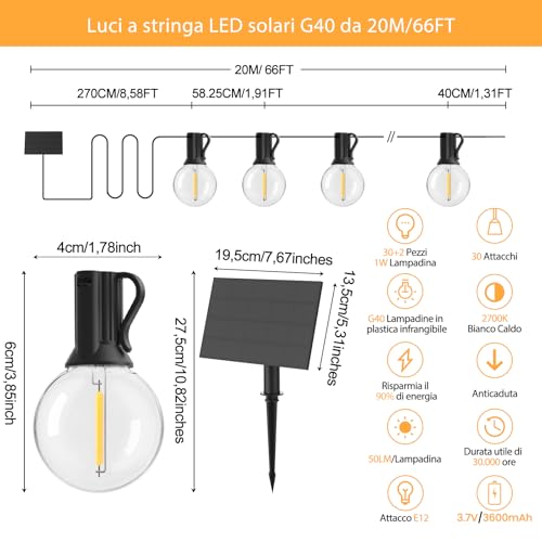 Pogestrand G40 20 m Outdoor Solar Lights with USB or Solar Charging Dual Festoon Lights 24 V with Remote Control Dimmable Timer 30 Unbreakable Waterproof Bulbs for Garden