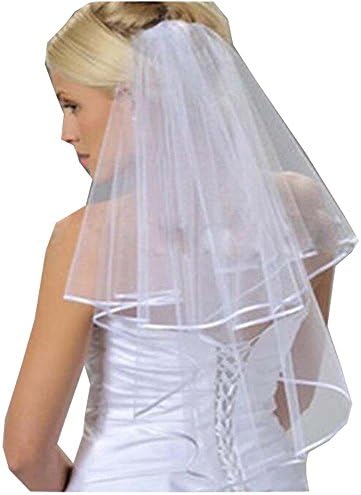 Thrsaeyi Women's White Bridal Veils Two Layer Ribbon Edge Wedding Veil