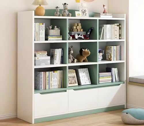 Modern Kids Storage Bookshelf, 4-Tier Open Shelving Unit with Bottom Drawers, Multi-Purpose Display Cabinet for Books, Toys, Nursery Organization For Study Room, School & Home (Mint Green)