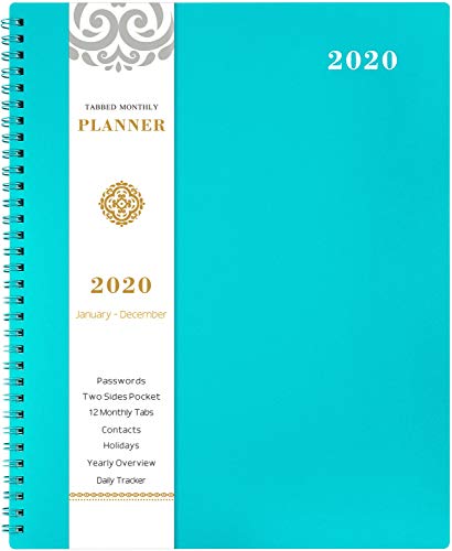 2020 Monthly Calendar Planner - 12-Month Planner with Tabs & Pocket & Label, Contacts and Passwords, 8.5" x 11", Thick Paper, January - December 2020, Twin-Wire Binding - Teal by Artfan