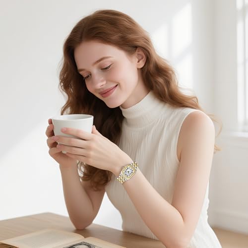 Relojes de oro para mujer, vintage, rectangular, delicada, joyería, reloj de pulsera pequeño, reloj delgado para mujer, esfera clásica con números romanos, resistente al agua hasta 3 ATM, con