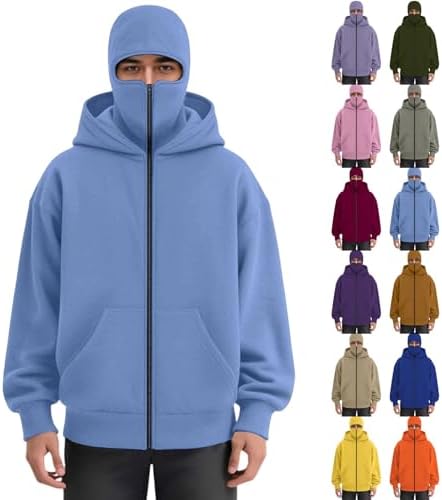 Balaclava Zip Hoodie For Men Women Plain Warm Hoodie with Balaclava Casual Windproof Outdoor Full Zip Jackets With Pocket Loose Sportwear Jacket Y2K Tops (B-Light Blue, M)