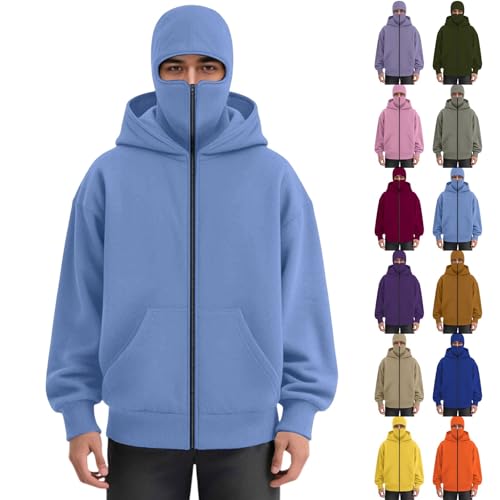 Balaclava Zip Hoodie For Men Women Plain Warm Hoodie with Balaclava Casual Windproof Outdoor Full Zip Jackets With Pocket Loose Sportwear Jacket Y2K Tops (B-Light Blue, M)