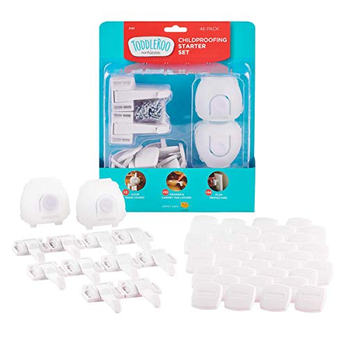 Toddleroo by North States Childproofing Starter Set 2 Door Knob Covers, 34 Plug Protectors, 10 Drawer & Cabinet Latches. Baby-Proof with Confidence (46 Piece Set, White)