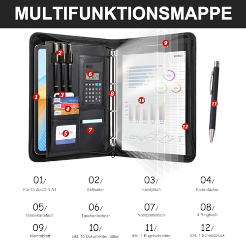 Leathario A4 Conference Folder, Writing Case with Ring Binder, Zip, Ring Binder Portfolio, Document Folder, Writing Pad, Black