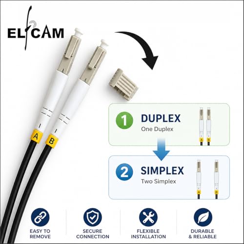 Elfcam - Fiber Optic Cable in Shielded Steel for Outdoor and Indoor LC/UPC to LC/UPC OM3 Multimode Duplex 50/125um Black (100M) | OM3 duplex LC/UPC cable with steel reinforced sheath, suitable for indoor and outdoor installations.