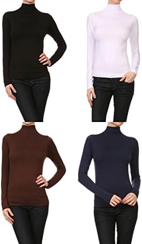 2ND DATE Women's Long Sleeve Mock Top - 4Pack (Black/White/Brown/Navy)
