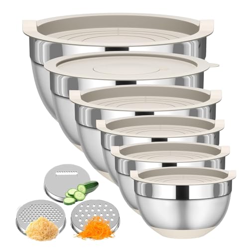 Beauenty Mixing Bowls with Lids Set, 6 Piece Stainless Steel Nesting Storage Bowls for Kitchen, with 3 Grater Attachments & Non-Slip Bottoms, Size 18, 20, 22, 24, 26, 28CM