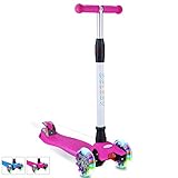 BELEEV Kick Scooter Kids 3 Wheel 4 Adjustable Height Scooter, Lean to Steer with PU LED Light Up Flashing Wheels for Children Age 3-12 Years Old (Pink)