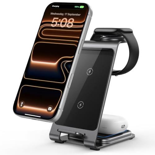 Intoval Aluminum 3-in-1 Wireless Charging Station for iPhone 17/17 Pro/17 Pro Max/16/16 Pro/16 Pro Max/15/14/13/12,for Apple Watch 11/Ultra 3/SE 3/10/9/8/7,for AirPods Pro 3/4/Pro 2/3/Pro (Grey)