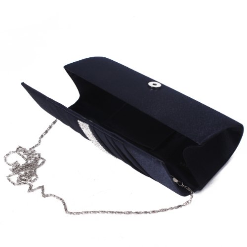 Damara Womens Pleated Satin Crystal Fashion Clutch Evening Bag, Navy Blue, Large