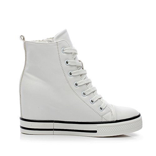 mewow Womens Casual High Top Wedge Hidden Heel Leather Shoes Fashion Sport Sneaker (7.5, White) - Thumbnail 5