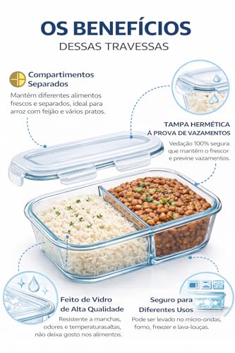 Kit com 5 Marmitas de Vidro com Divisória 1040ml - Potes Herméticos com Tampa e 2 Compartimentos - Ideal para Meal Prep Fitness - Vai ao Microondas, Forno e Freezer