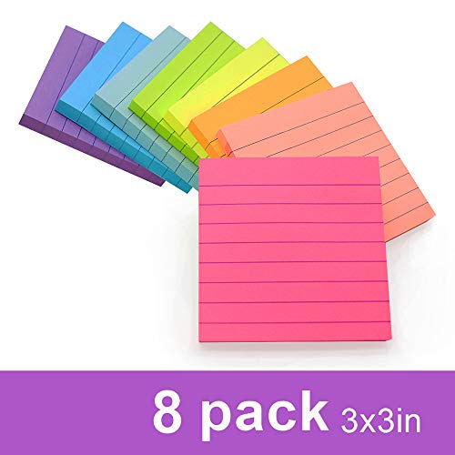 (8 Pack) Lined Sticky Notes 3x3 in Bright Ruled Post Stickies Colorful Super Sticking Power Memo Pads Strong Adhesive, 8 Pads/Pack, 82 Sheets/pad