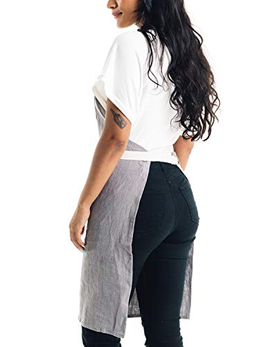 Caldo Linen Kitchen Apron - Mens and Womens Linen Bib Apron - Adjustable with Pockets (Grey)
