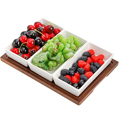 Elsjoy 3-Section Serving Tray, Wood Divided Serving Dish with Ceramic  Bowls, 3-Compartment Food Platter Dippin