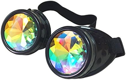 Kaleidoscope Steampunk Rave Glasses Goggles with Rainbow Crystal Glass Lens for EDM Rave Music Festival Party (Black)