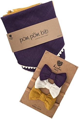 kishu baby Girl Pom Pom Bibs and Bows Gift Set for Girls, Purple Ivory Mustard, multicolor, One Size
