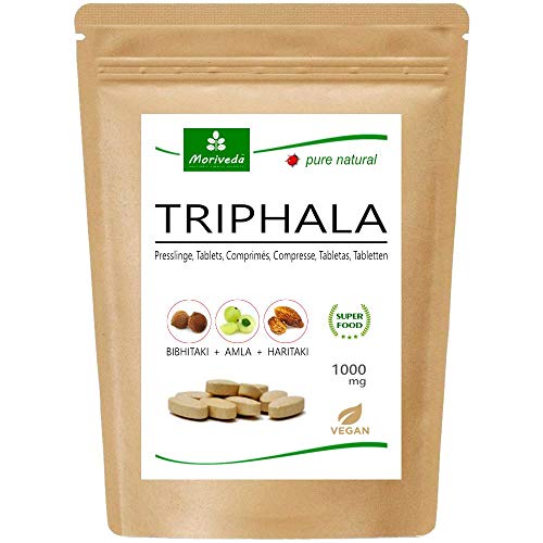 MoriVeda Triphala Presslinge hochdosiert, 1000mg vegan, aus Ayurveda Königsfrüchten Amla, Haritaki und Bibhitaki, 120 Presslinge