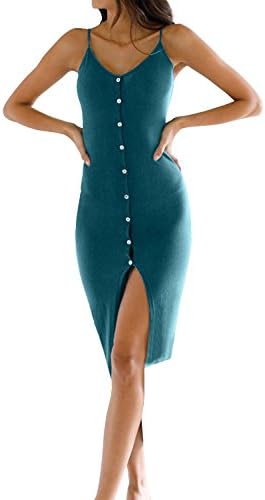 Abninigee Womens Spaghetti Strap Bodycon Dresses V Neck Button Down Split Midi Dress