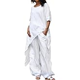 Zhyaj 2 Piece Cotton Set for Women Long Sleeve Irregular Pullover Linen Shirt Fall Casual Wide Leg Pants Suit