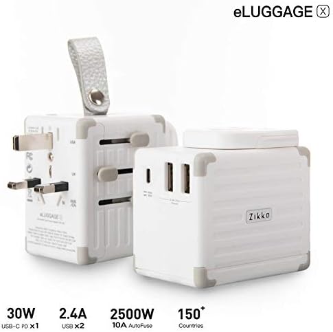 Zikko eLUGGAGE X PD Travel Adapter, USB-C 30W Power Delivery International Travel Adapter, Flame Retardant Grounded Travel Adapter, Self Resetting Fuse All in One Universal Adapter for UK, EU, AU, US