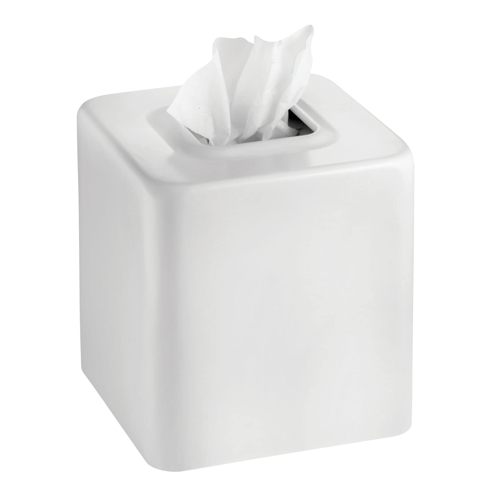 Photo 1 of mDesign Steel Square Tissue Box Cover, Modern Facial Paper Holder for Bathroom Vanity Countertop, Bedroom Dresser, Night Stand, Desk, Office and End Table - Unity Collection - White