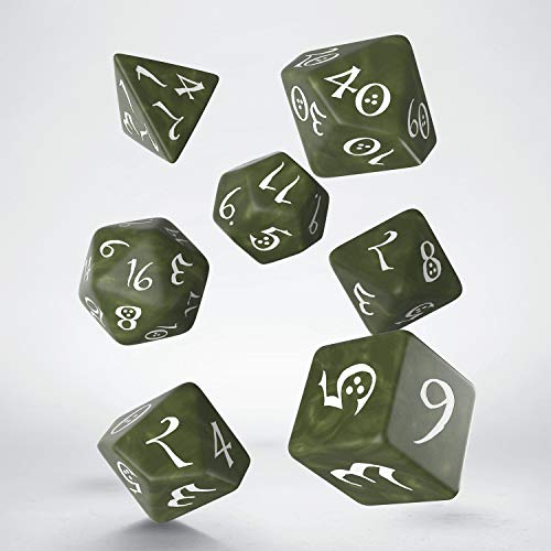 Q WORKSHOP Classic Olive & White RPG Ornamented Dice Set 7 polyhedral Pieces