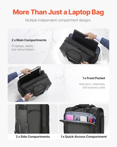 Laptop Trolley, passend für Laptops bis zu 17,3 Zoll (44 cm), Aktenkoffer, Notebooktasche mit Rollen und Teleskopgriff, Laptoptasche für Arbeit, Reisen, Büro, 450x210x370 mm (Schwarz)