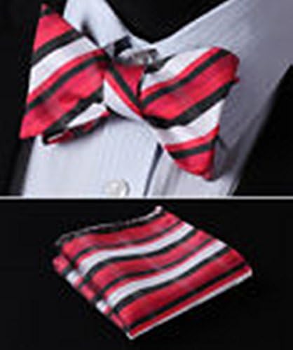 Mondaily DL321R Red Black Stripe Men Woven Silk Self Bow Tie Pocket Square Set #PPTE4657